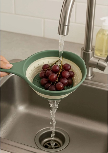 Yeşil Yer Kaplamayan Saplı Katlanabilir Yeşil Akordiyon Süzgeç Bpa Free 31X14 cm