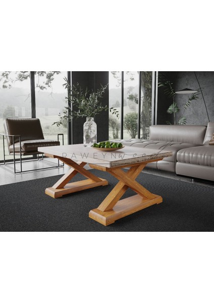 Wood Perla Doğal Ahşap Sehpa - El Işçiliği Beyaz Eskitme Ahşap x Ayak Orta Sehpa