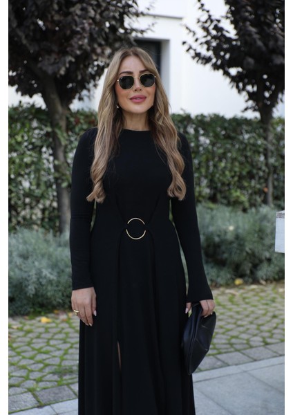 Buketli Kadın Bisiklet Yaka Çift Yırtmaçlı Halka Toka Detaylı Uzun Kollu Uzun Elbise