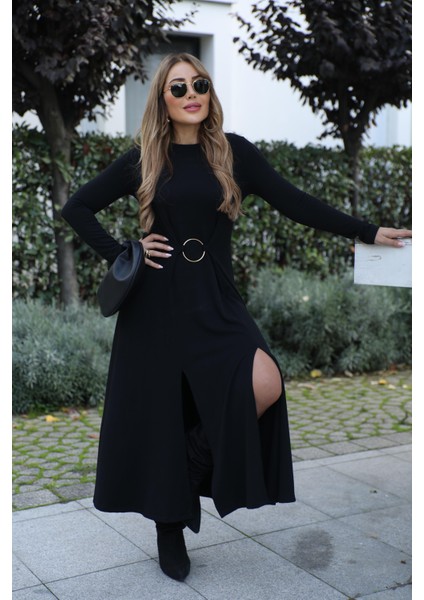 Buketli Kadın Bisiklet Yaka Çift Yırtmaçlı Halka Toka Detaylı Uzun Kollu Uzun Elbise fiyatları