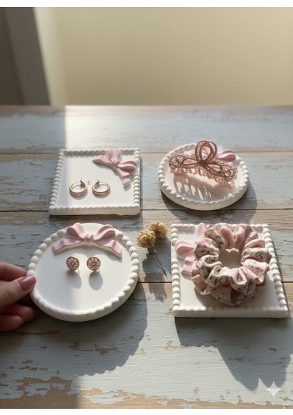 Pembe Fiyonklu Çok Amaçlı Takı Tepsisi Kurdele Tabak , Takı Tabağı , Bardak Altlığı , Mum Tabağı