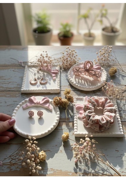 Pembe Fiyonklu Çok Amaçlı Takı Tepsisi Kurdele Tabak , Takı Tabağı , Bardak Altlığı , Mum Tabağı modelleri