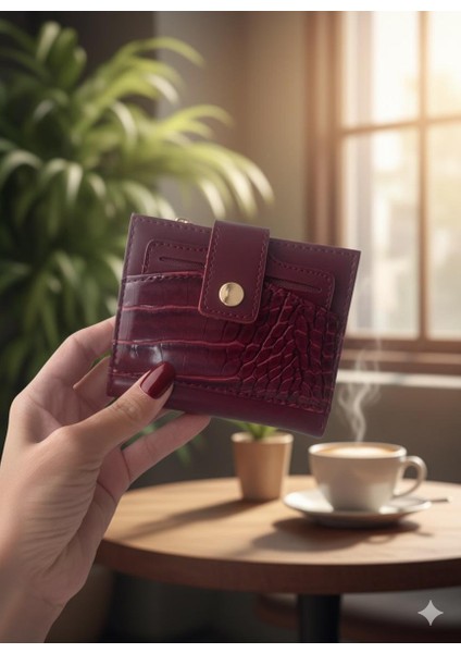 Bordo Cherry Red Cüzdan Tokalı Deri Görünümlü Cüzdan Kartlık