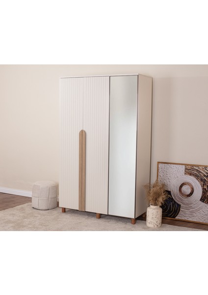 İtra 3 Kapaklı Gardırop – Krem Gövde, Krem Lake Aynalı Kapak