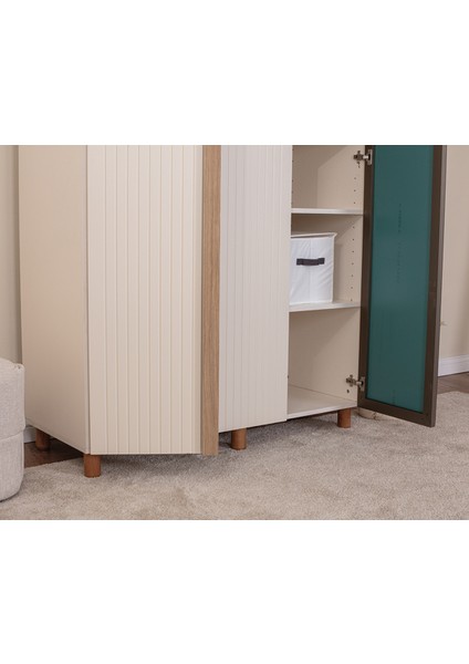 İtra 3 Kapaklı Gardırop – Krem Gövde, Krem Lake Aynalı Kapak