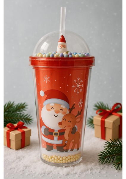 Noel Baba & Yeni Yıl 2026 Temalı Pipetli Suluk 450 ml Çift Katman Mika Su Şişesi 2768-A