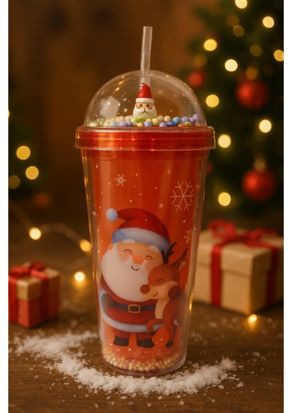 Noel Baba & Yeni Yıl 2026 Temalı Pipetli Suluk 450 ml Çift Katman Mika Su Şişesi 2768-A modelleri