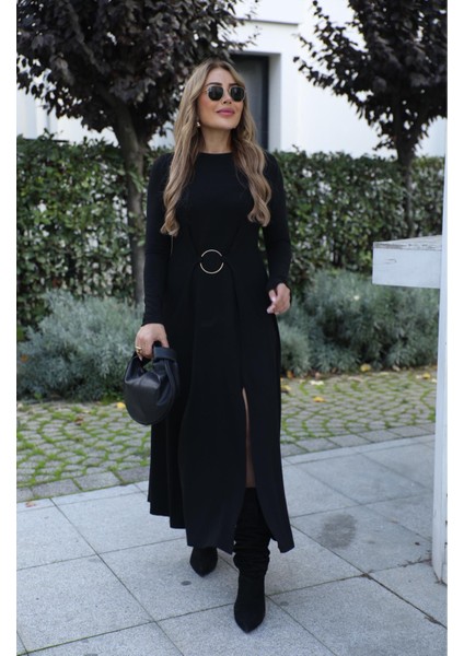 Buketli Kadın Bisiklet Yaka Çift Yırtmaçlı Halka Toka Detaylı Uzun Kollu Uzun Elbise modelleri