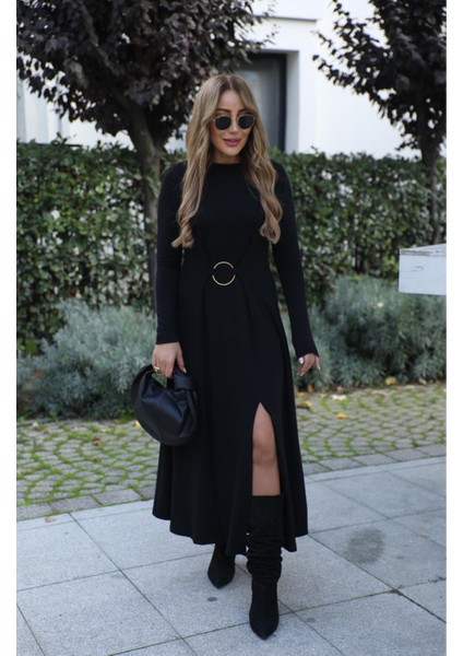 Buketli Kadın Bisiklet Yaka Çift Yırtmaçlı Halka Toka Detaylı Uzun Kollu Uzun Elbise fırsatları