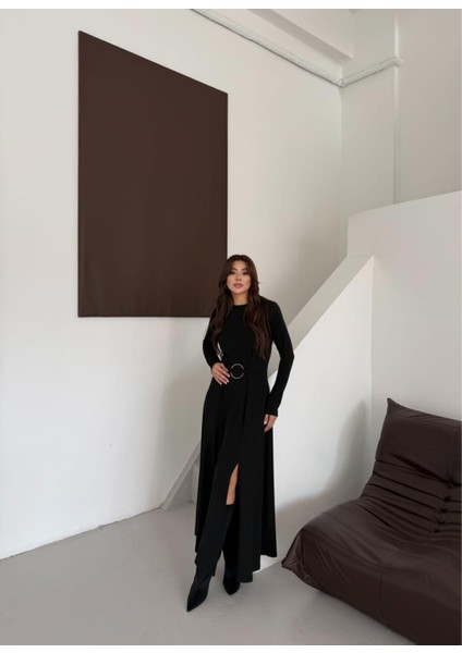 Buketli Kadın Bisiklet Yaka Çift Yırtmaçlı Halka Toka Detaylı Uzun Kollu Uzun Elbise indirimleri