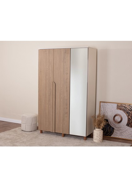 İtra 3 Kapaklı Gardırop – Krem Gövde, Meşe MDFLAM, Aynalı Kapak