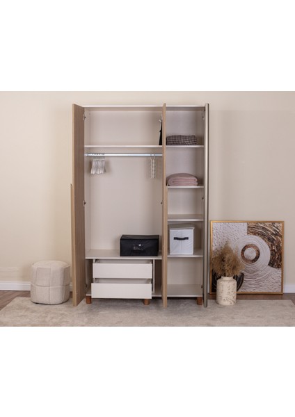 İtra 3 Kapaklı Gardırop – Krem Gövde, Meşe MDFLAM, Aynalı Kapak fiyatları