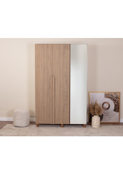 İtra 3 Kapaklı Gardırop – Krem Gövde, Meşe MDFLAM, Aynalı Kapak modelleri