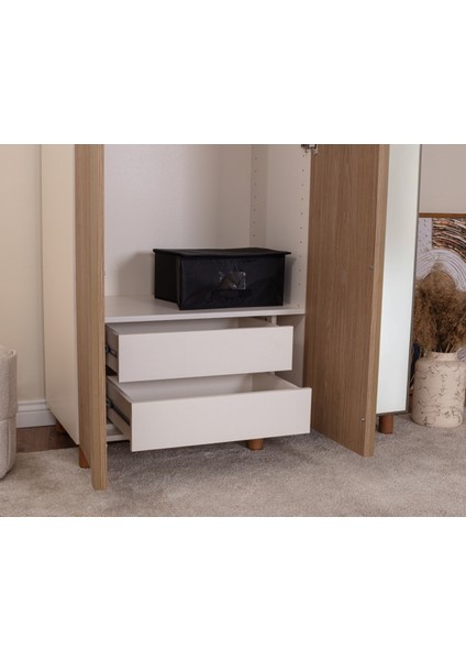 İtra 3 Kapaklı Gardırop – Krem Gövde, Meşe MDFLAM, Aynalı Kapak indirimleri