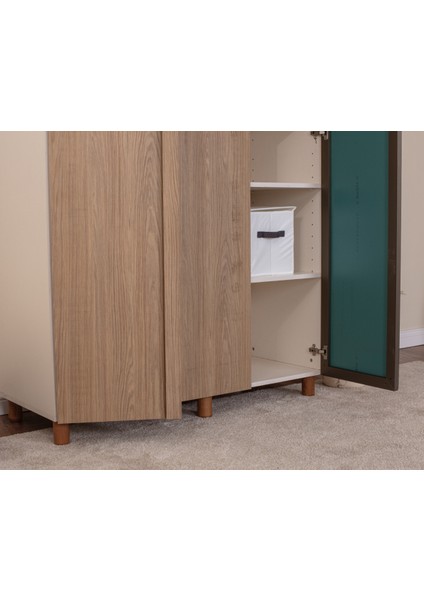 İtra 3 Kapaklı Gardırop – Krem Gövde, Meşe MDFLAM, Aynalı Kapak