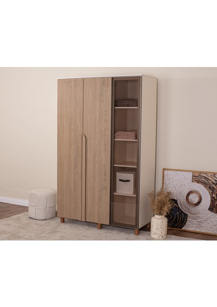 İtra 3 Kapaklı Gardırop – Krem Gövde, Meşe MDFLAM Camlı Kapak