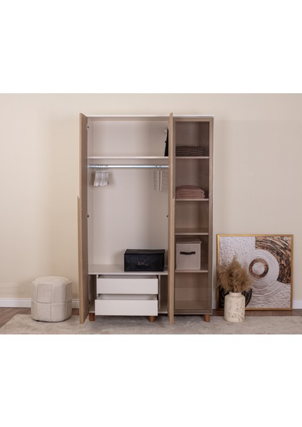 İtra 3 Kapaklı Gardırop – Krem Gövde, Meşe MDFLAM Camlı Kapak modelleri