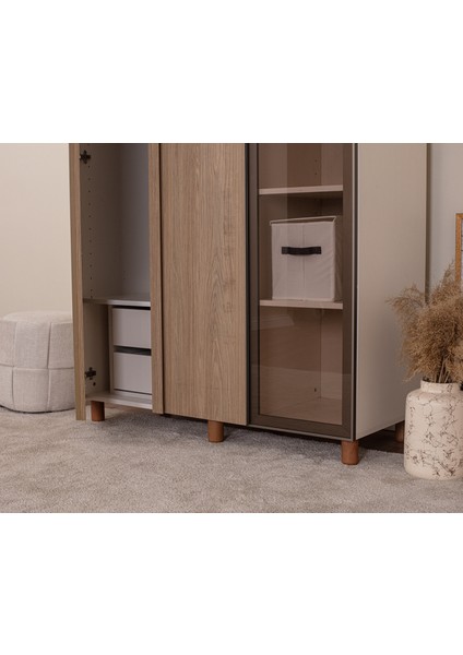 İtra 3 Kapaklı Gardırop – Krem Gövde, Meşe MDFLAM Camlı Kapak fırsatları