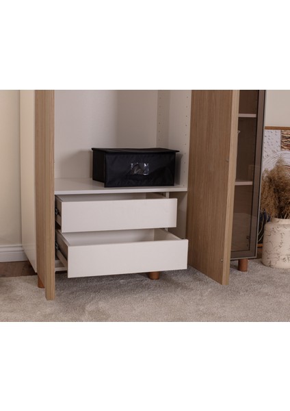 İtra 3 Kapaklı Gardırop – Krem Gövde, Meşe MDFLAM Camlı Kapak indirimleri