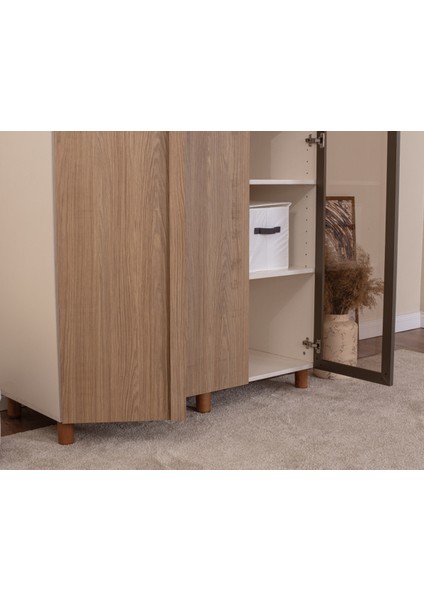 İtra 3 Kapaklı Gardırop – Krem Gövde, Meşe MDFLAM Camlı Kapak