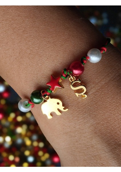 Yılbaşı Temalı Altın Kaplama Fil, Harf Detaylı Bileklik