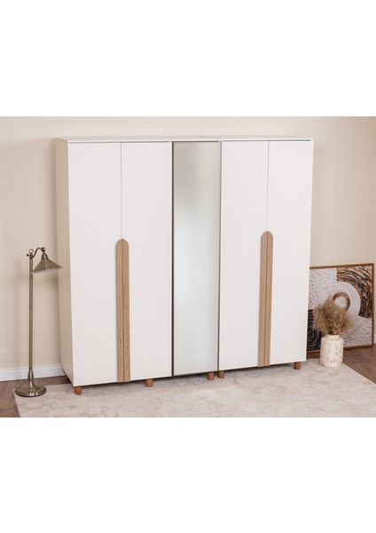 İtra 5 Kapaklı Gardırop – Krem Gövde, Krem MDFLAM Aynalı Kapak