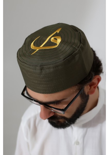 Elif Vav Nakışlı Kalıp Namaz Takkesi - Haki