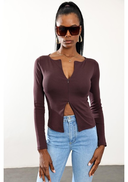 Mürdüm Çift Fermuarlı Uzun Kol Tişört 17141 fiyatları