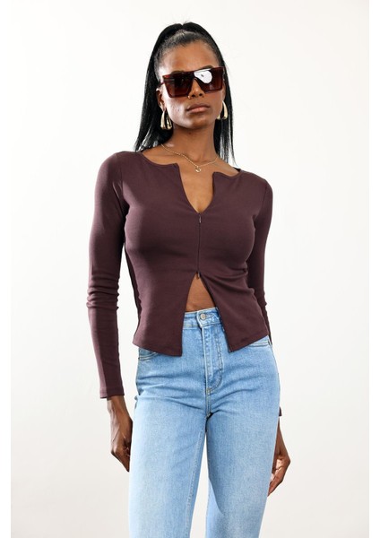 Mürdüm Çift Fermuarlı Uzun Kol Tişört 17141 fırsatları