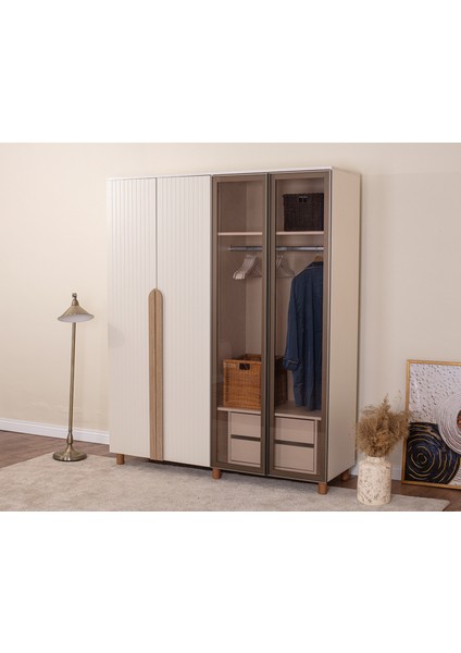 İtra 4 Kapaklı Gardırop – Krem Gövde, Krem Lake Camlı Kapak