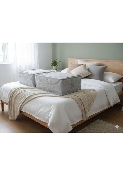 2'li Gri Çizgili Büyük Baza Altı & Çekyat Tipi Tela Hurç 65X45X22 Cm–fermuarlı Saklama ve Düzenleme Hurç