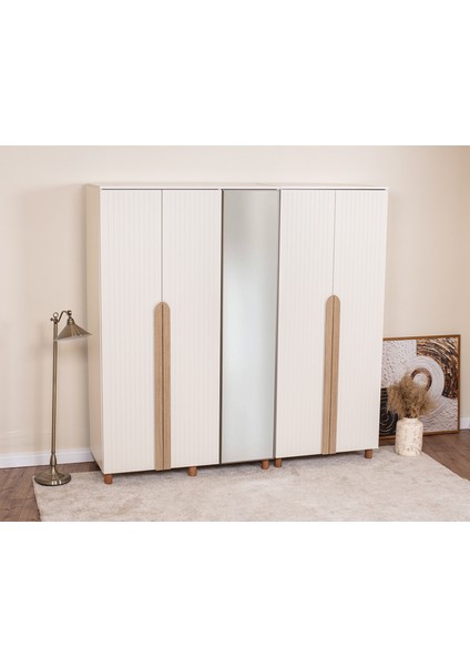 İtra 5 Kapaklı Gardırop – Krem Gövde, Krem Lake Aynalı Kapak