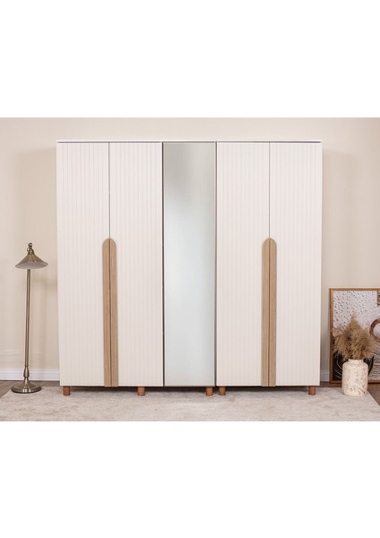 İtra 5 Kapaklı Gardırop – Krem Gövde, Krem Lake Aynalı Kapak modelleri