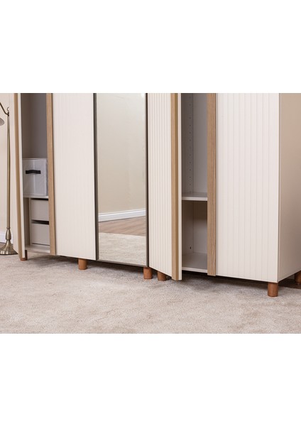 İtra 5 Kapaklı Gardırop – Krem Gövde, Krem Lake Aynalı Kapak fırsatları