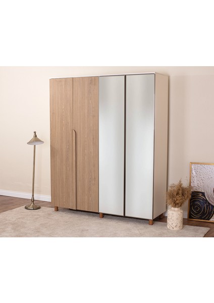 İtra 4 Kapaklı Gardırop – Krem Gövde, Meşe MDFLAM Aynalı Kapak