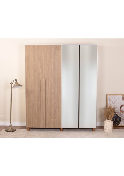 İtra 4 Kapaklı Gardırop – Krem Gövde, Meşe MDFLAM Aynalı Kapak modelleri
