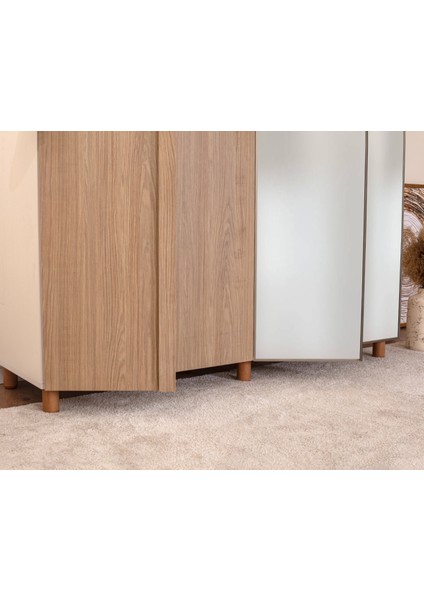 İtra 4 Kapaklı Gardırop – Krem Gövde, Meşe MDFLAM Aynalı Kapak