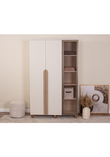 İtra 3 Kapaklı Gardırop – Krem Gövde, Krem Lake, Camlı Kapak