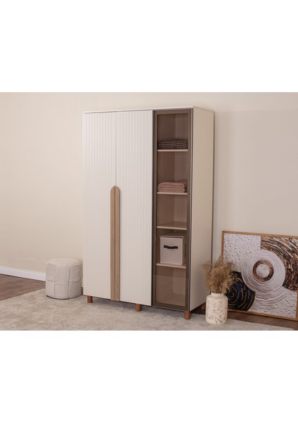 İtra 3 Kapaklı Gardırop – Krem Gövde, Krem Lake, Camlı Kapak modelleri