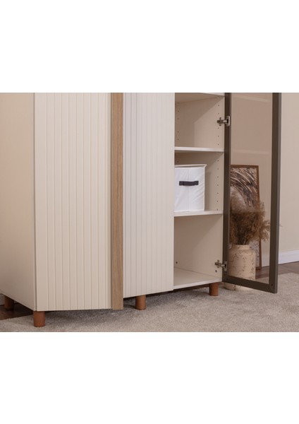 İtra 3 Kapaklı Gardırop – Krem Gövde, Krem Lake, Camlı Kapak