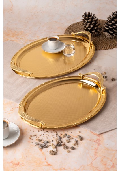 Metal Gold & Gümüş 2’li Oval Tepsi Seti – Zarif Desenli Servis ve Sunum Tepsisi, Kararmaz, Solmaz