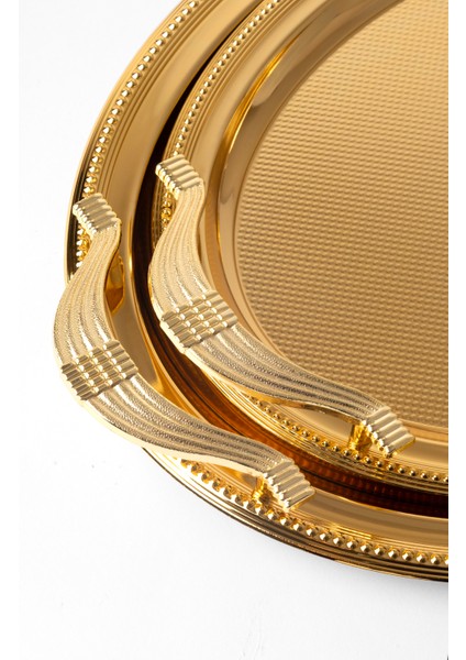 Metal Gold & Gümüş 2’li Oval Tepsi Seti – Zarif Desenli Servis ve Sunum Tepsisi, Kararmaz, Solmaz modelleri