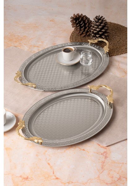 Metal Gold & Gümüş 2’li Oval Tepsi Seti – Zarif Desenli Servis ve Sunum Tepsisi, Kararmaz, Solmaz