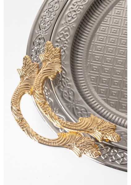 Metal Gold & Gümüş 2’li Oval Tepsi Seti – Zarif Desenli Servis ve Sunum Tepsisi, Kararmaz, Solmaz modelleri