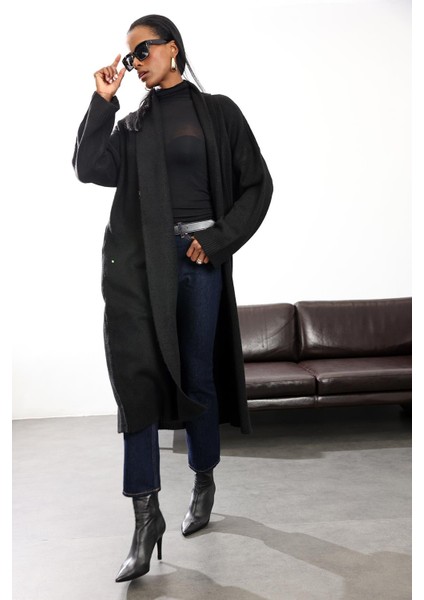 Siyah Şal Yaka Maxi Boy Hırka 2310006 modelleri