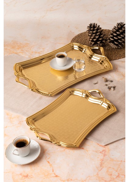 Metal Gümüş & Gold 2’li Tepsi Seti – Işlemeli Altın Kulplu Servis ve Sunum Tepsisi, Kararmaz, Solmaz