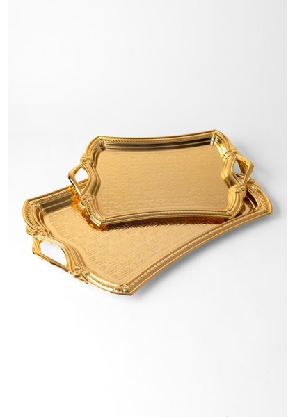 Metal Gümüş & Gold 2’li Tepsi Seti – Işlemeli Altın Kulplu Servis ve Sunum Tepsisi, Kararmaz, Solmaz fiyatları