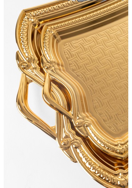 Metal Gümüş & Gold 2’li Tepsi Seti – Işlemeli Altın Kulplu Servis ve Sunum Tepsisi, Kararmaz, Solmaz modelleri