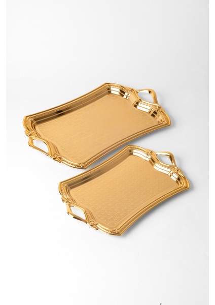 Metal Gümüş & Gold 2’li Tepsi Seti – Işlemeli Altın Kulplu Servis ve Sunum Tepsisi, Kararmaz, Solmaz indirimleri