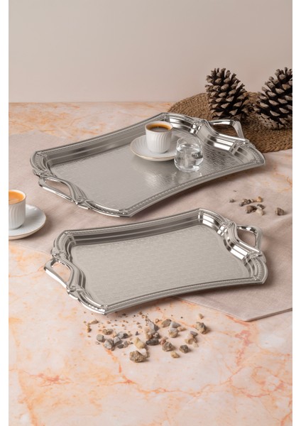 Metal Gümüş & Gold 2’li Tepsi Seti – Işlemeli Altın Kulplu Servis ve Sunum Tepsisi, Kararmaz, Solmaz